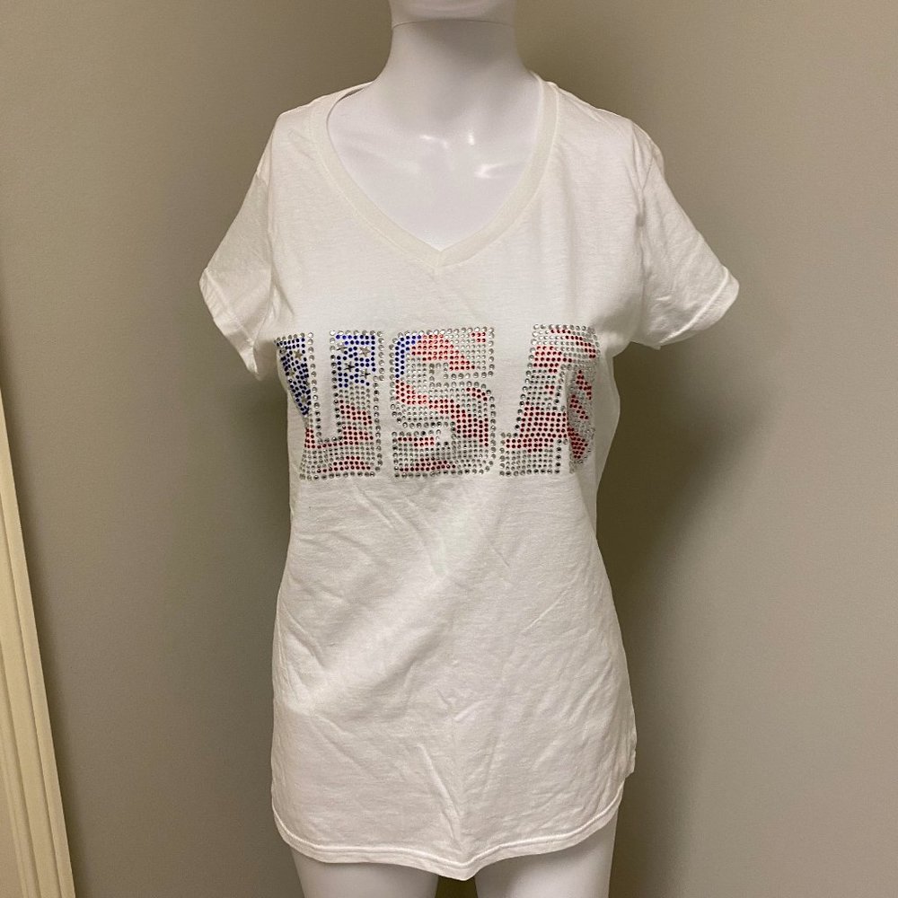 Women's V Neck Rinestone USA Tshirt